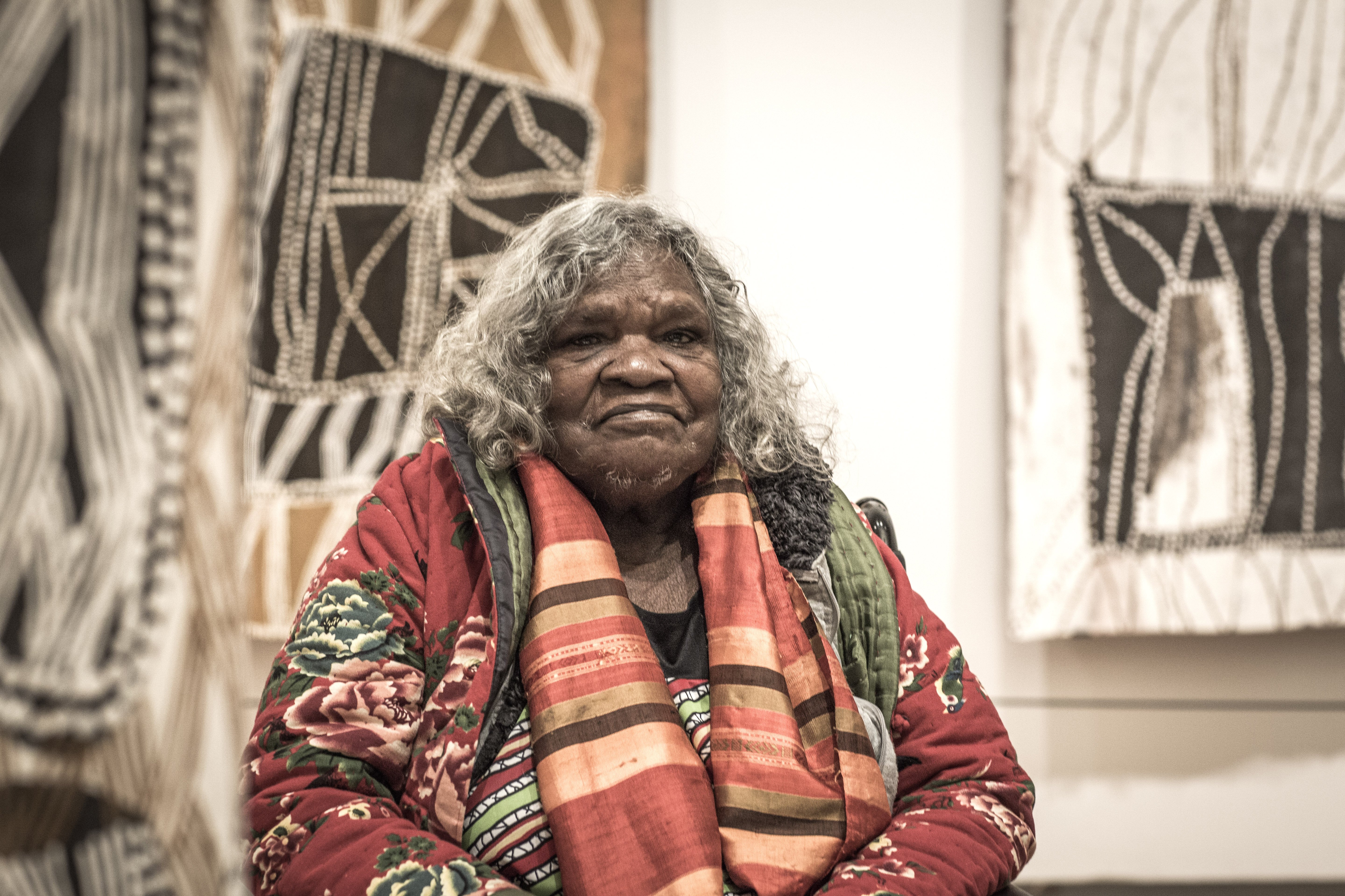 Nonggirna Marawili with her work at the National Gallery of Australia, May 27 2017